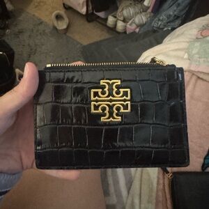 Tory Burch Black Croc-Embossed Wallet with Gold Logo
